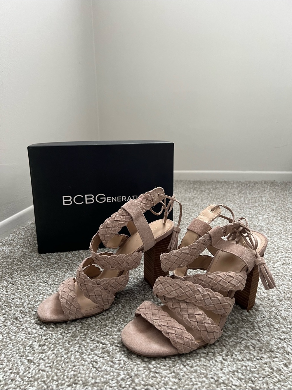 BCBGeneration Taupe Braided Block Heel Sandals